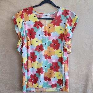 Michelle McDowell V-neck Size XL WATERCOLOR COLORFUL PETAL SLEEVE Rayon popover